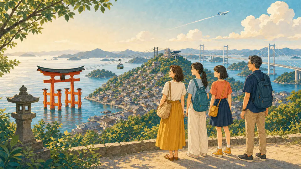 広島・宮島・尾道・しまなみ海道を一望する水彩旅行イラスト