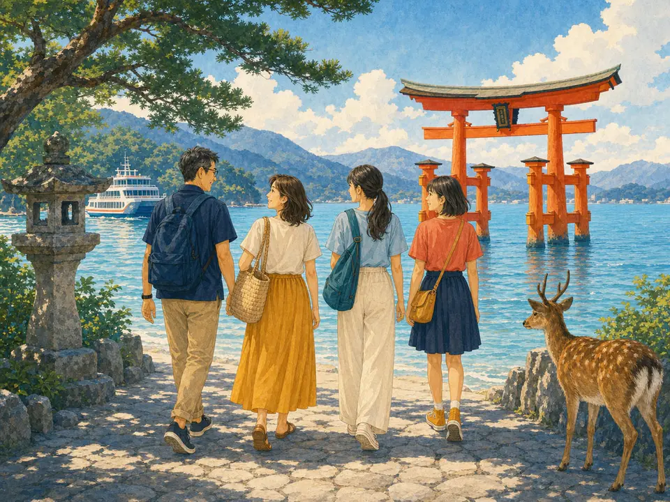 宮島の大鳥居と鹿を眺める4人旅の水彩イラスト