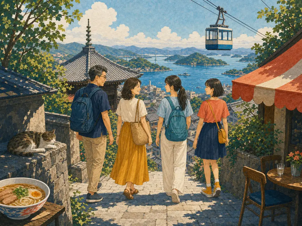 千光寺山から尾道水道を眺める4人旅の水彩イラスト