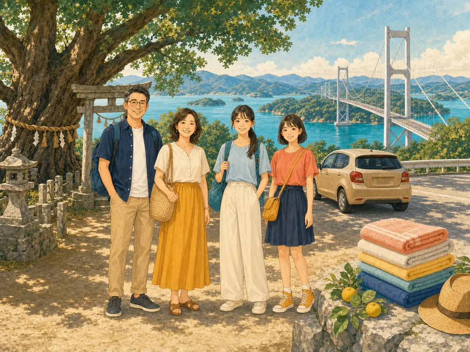 しまなみ海道の橋と車を背景にした4人旅の水彩イラスト