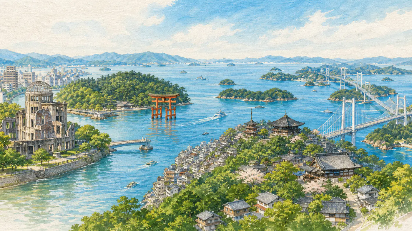 広島の原爆ドーム、宮島の大鳥居、尾道の寺町、しまなみ海道の橋を描いた人物のいない水彩イラスト